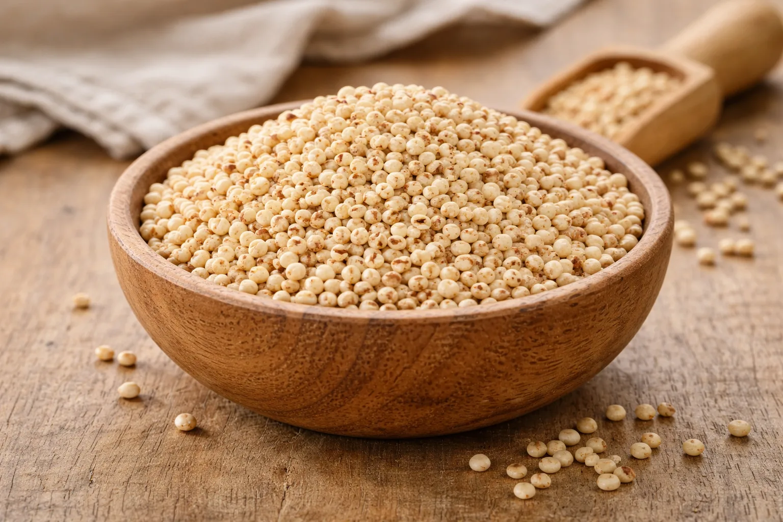 Bol de grains de sorgho sur une surface en bois naturel