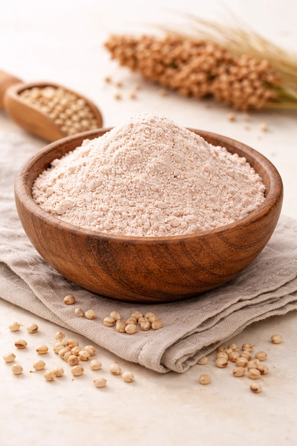 Bol en bois rempli de farine de sorgho bio avec grains de sorgho &agrave; c&ocirc;t&eacute;
