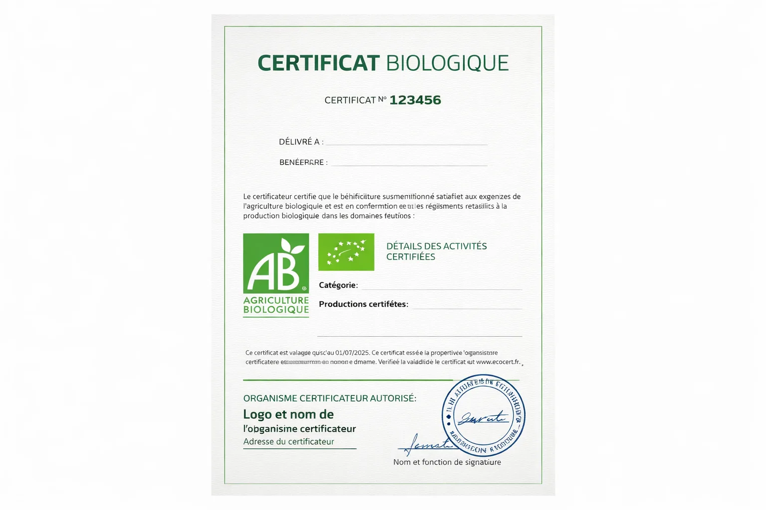 Exemple de certification bio fran&ccedil;aise pour farine de sorgho avec logos AB et Eurofeuille