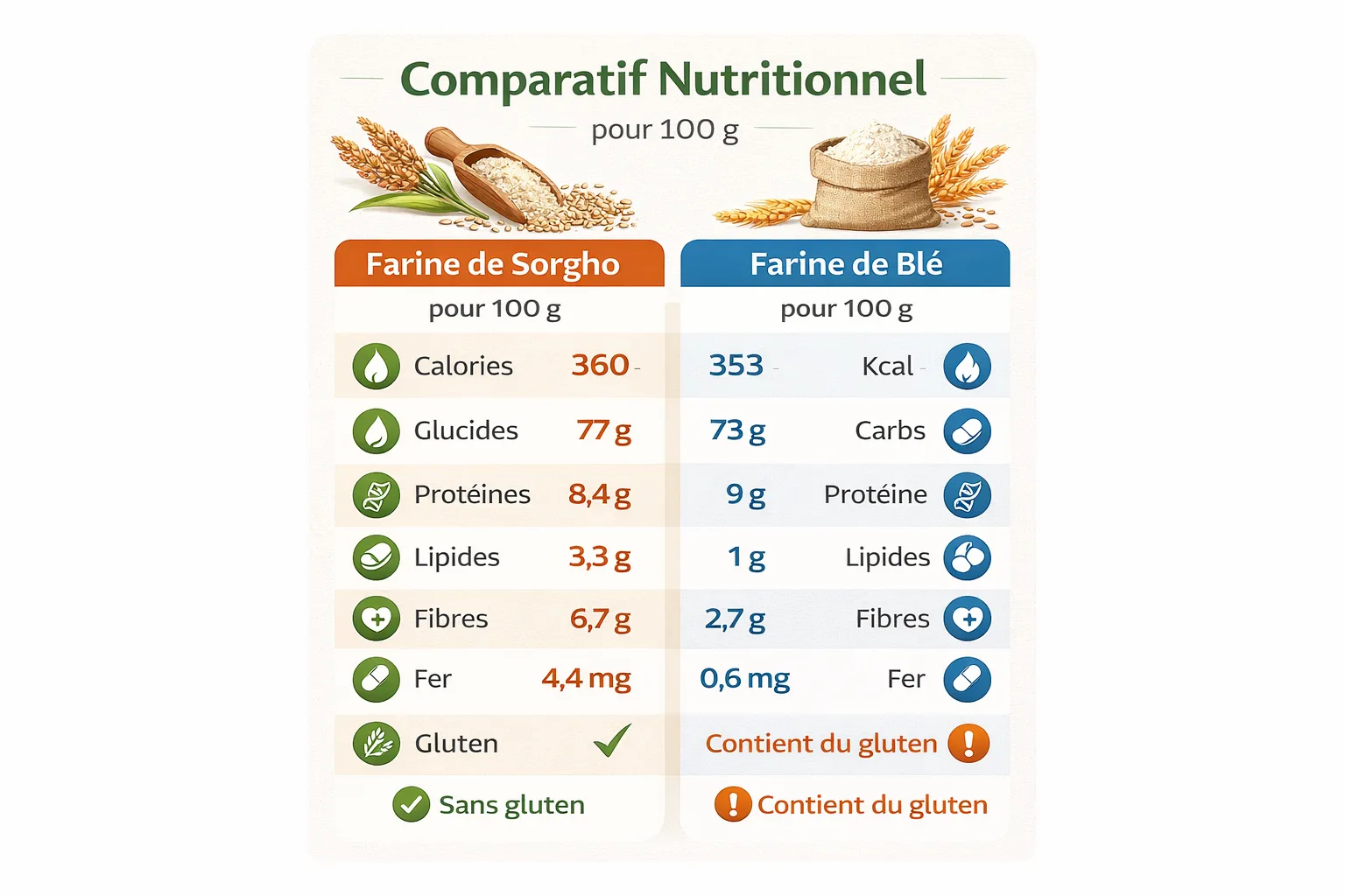 Comparaison des valeurs nutritionnelles entre farine de sorgho bio et farine de bl&eacute; traditionnelle