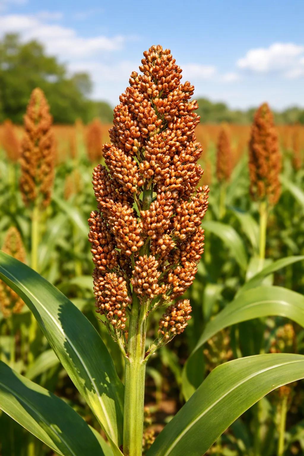Plant de sorgho avec panicules de grains rouge-orang&eacute; dans un champ