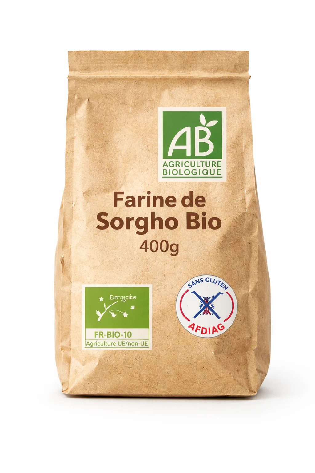 Labels et certifications sur emballage de farine de sorgho bio : AB, AFDIAG sans gluten, bio europ&eacute;en