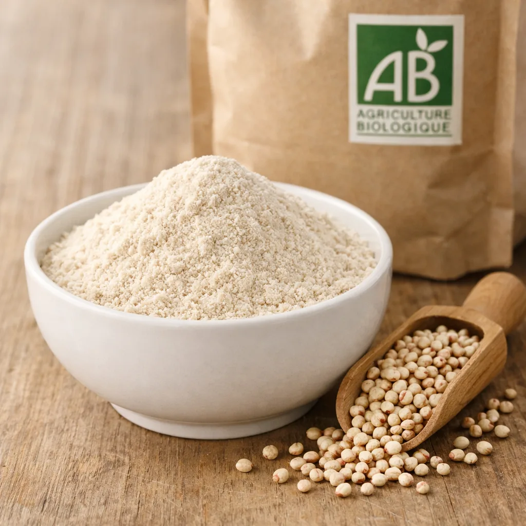 Farine de sorgho bio de couleur beige ivoire dans un bol, texture fine, alternative sans gluten certifi&eacute;e