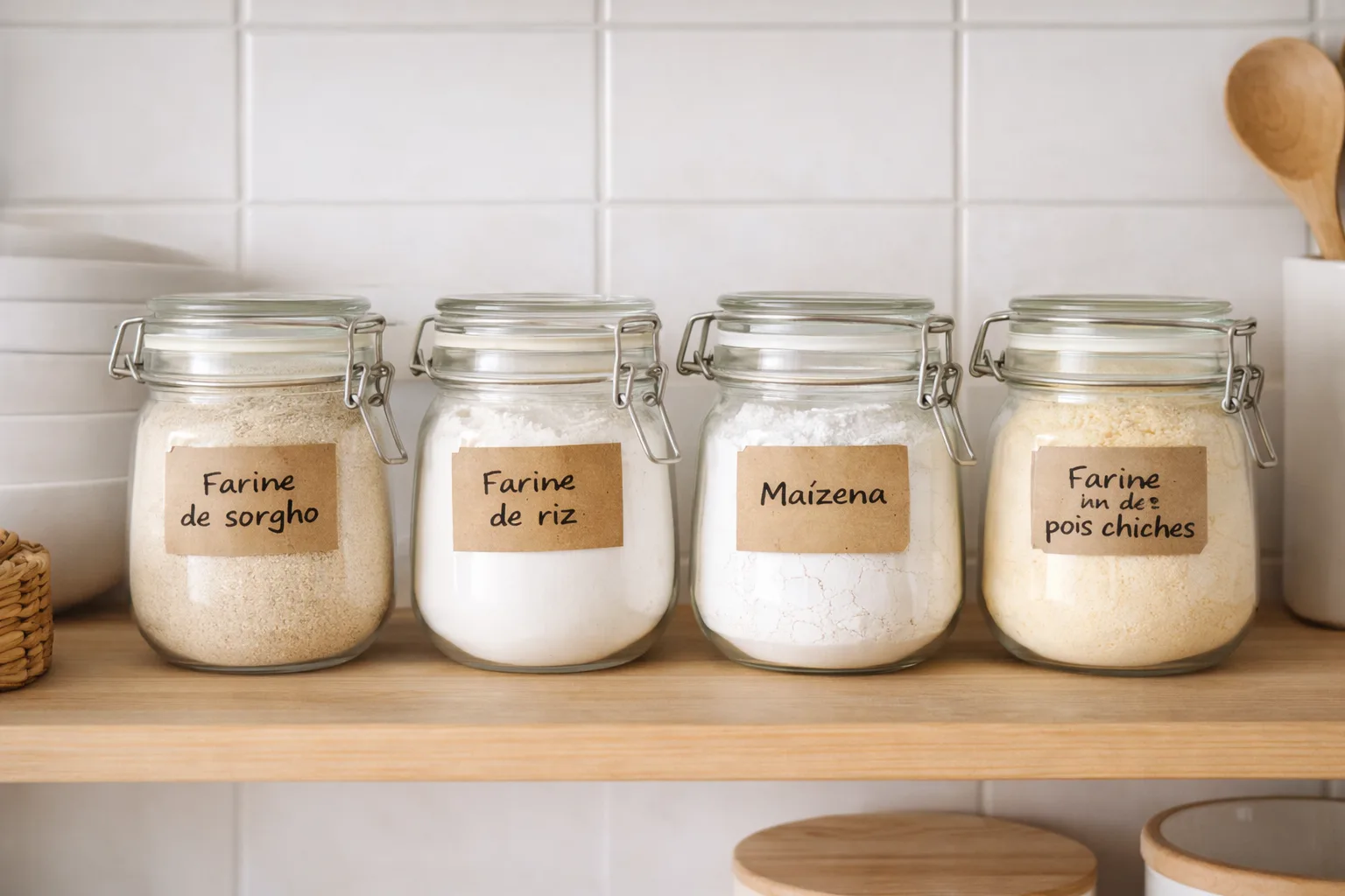 Assortiment de farines sans gluten disponibles chez Naturalia dans des bocaux en verre