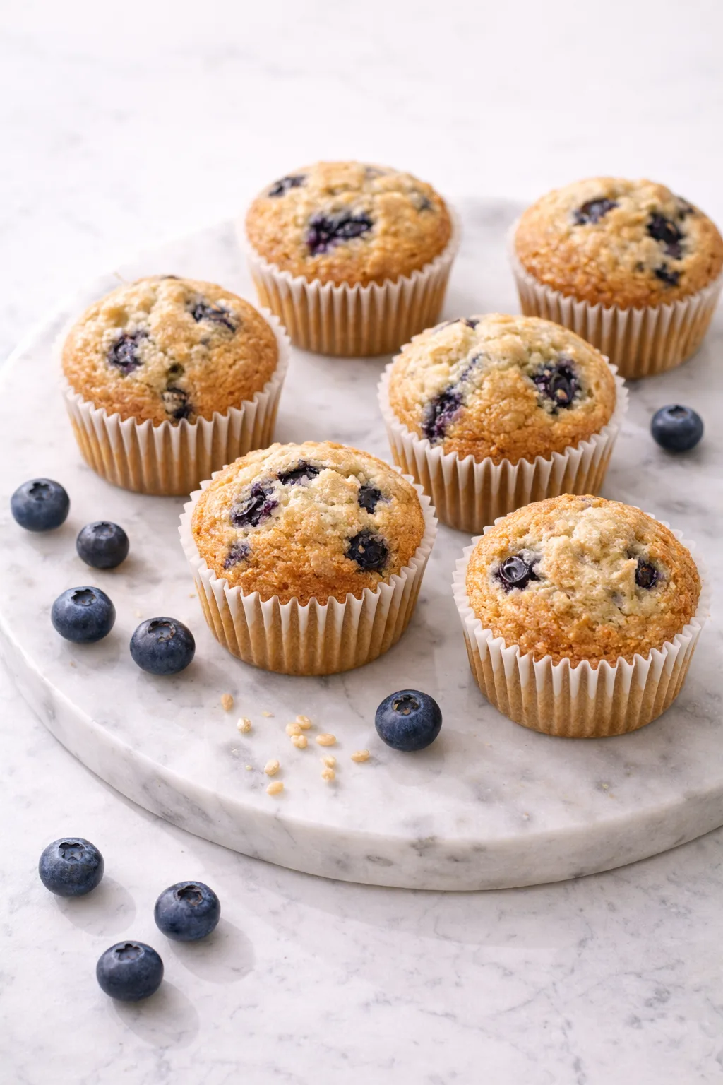 Muffins aux myrtilles sans gluten &agrave; la farine de sorgho pos&eacute;s sur marbre