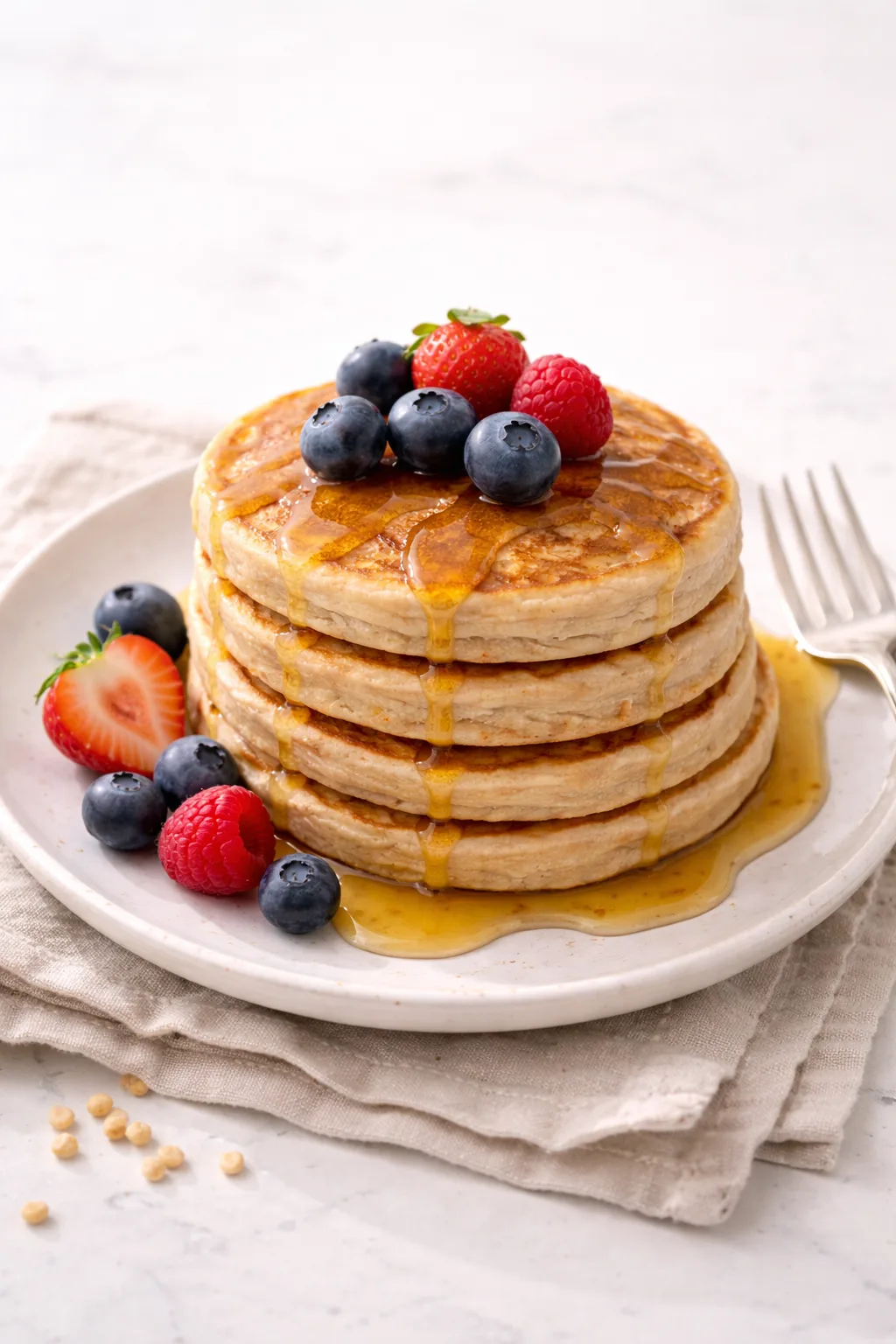 Pancakes dor&eacute;s &agrave; la farine de sorgho servis avec fruits frais