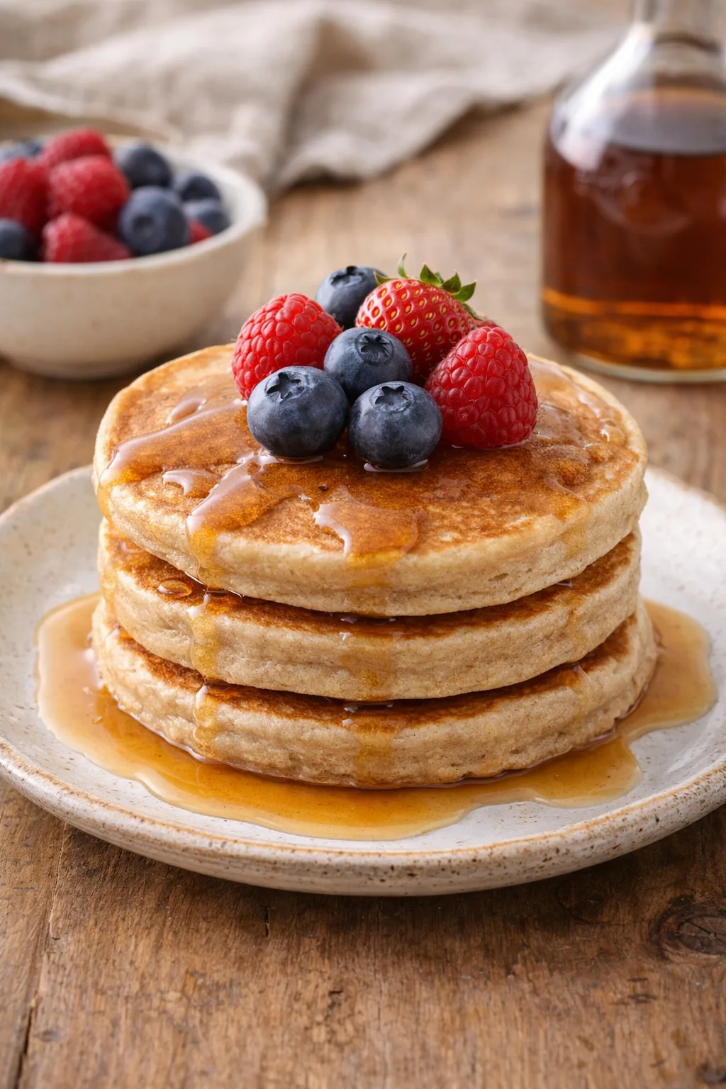 Cr&ecirc;pes sans gluten &agrave; la farine de sorgho garnies de fruits rouges et sirop d'&eacute;rable