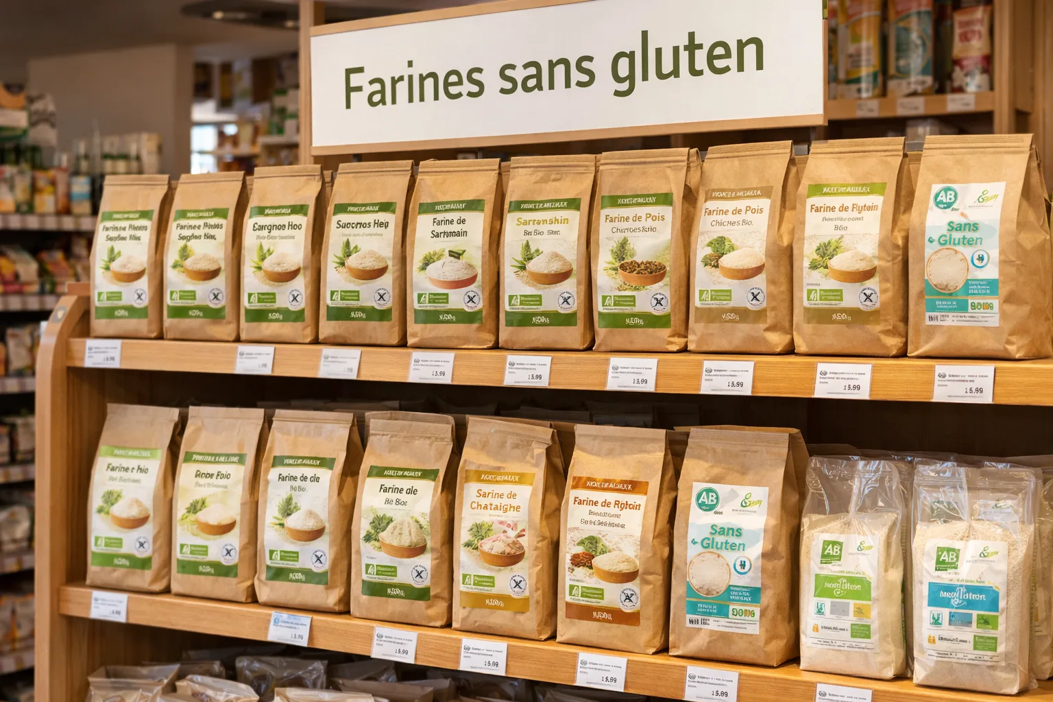 Rayon farines sans gluten bio dans un magasin Biocoop